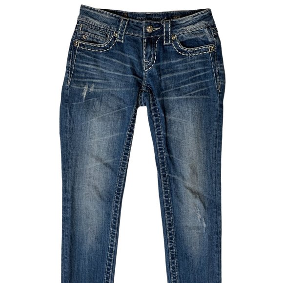 Miss Me 'Skinny' Womens Jeans Tag 25 Blue W26xL32 Distressed Embroidered Denim - Picture 5 of 12